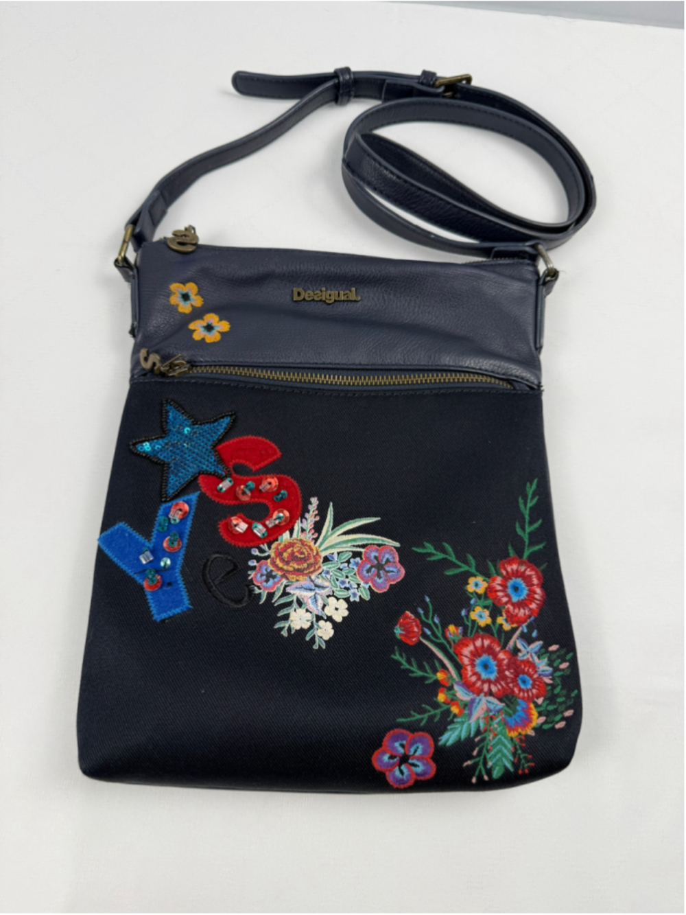 Desigual Navy Multicolor Embroidered Crossbody Bag